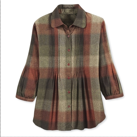 SERENGETI | Green Brown Neutral Plaid Cotton Pintuck Button-Down Shirt Top | 2X - Picture 2 of 8